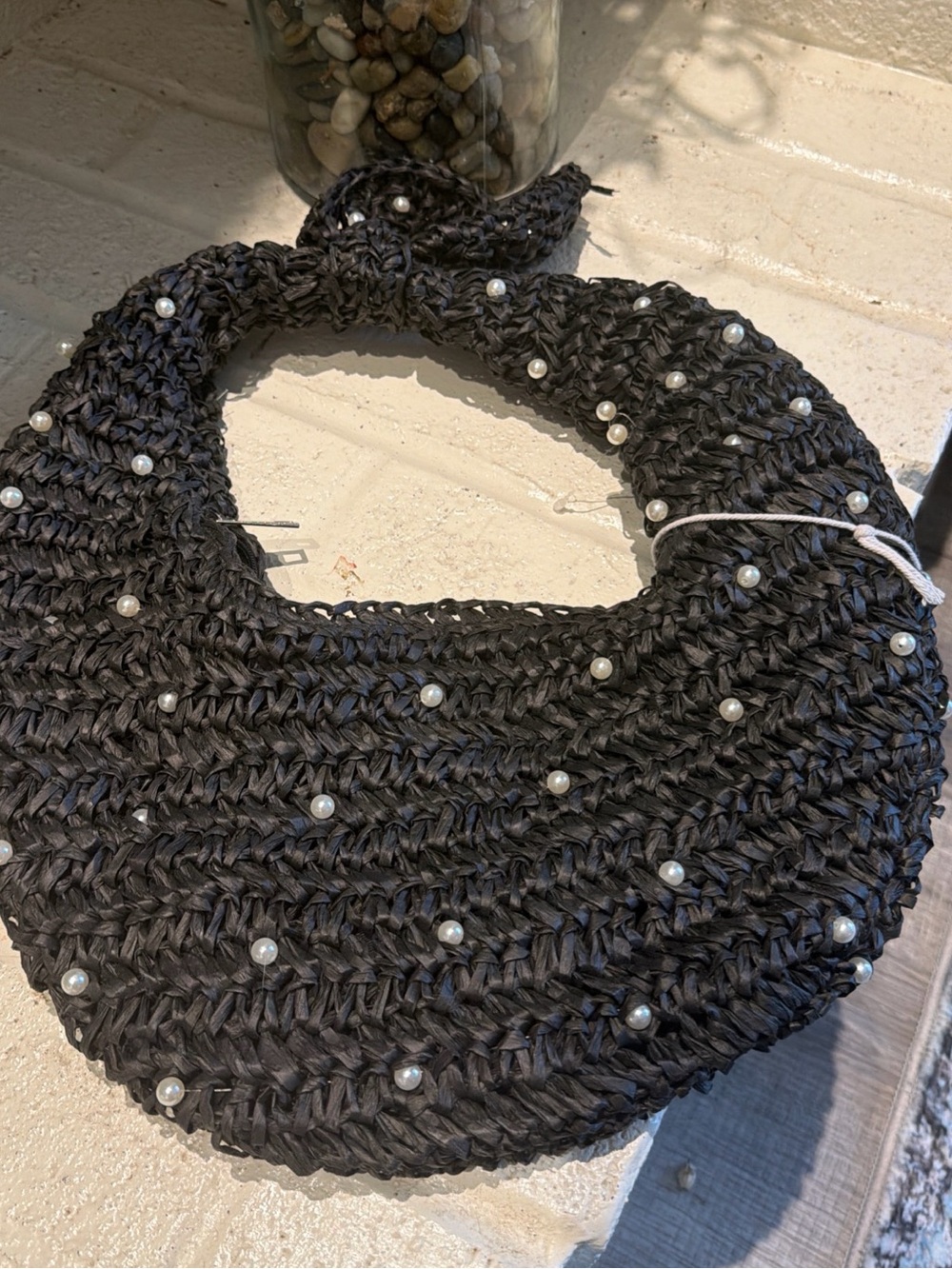 Haute Hippie Black Woven Shoulder Bag with Pearl Accents